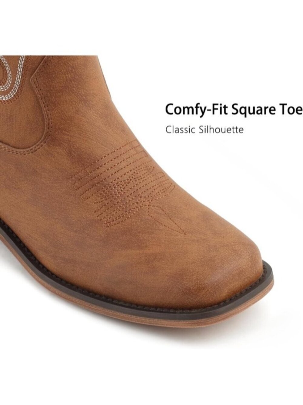 Women's Brown Square Toe Mid Calf Chunky Heel Classic Fall Western Cowgirl Boots - Picture 3 of 7